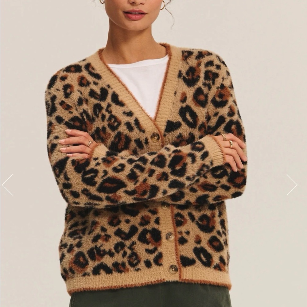 Velvet by Graham & Spencer Leopard Print Fuzzy Cardigan in Cream, Brown, Black